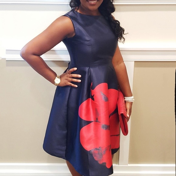 Dresses & Skirts - Plus/Regular Satin Feel Navy Floral A Line Dress